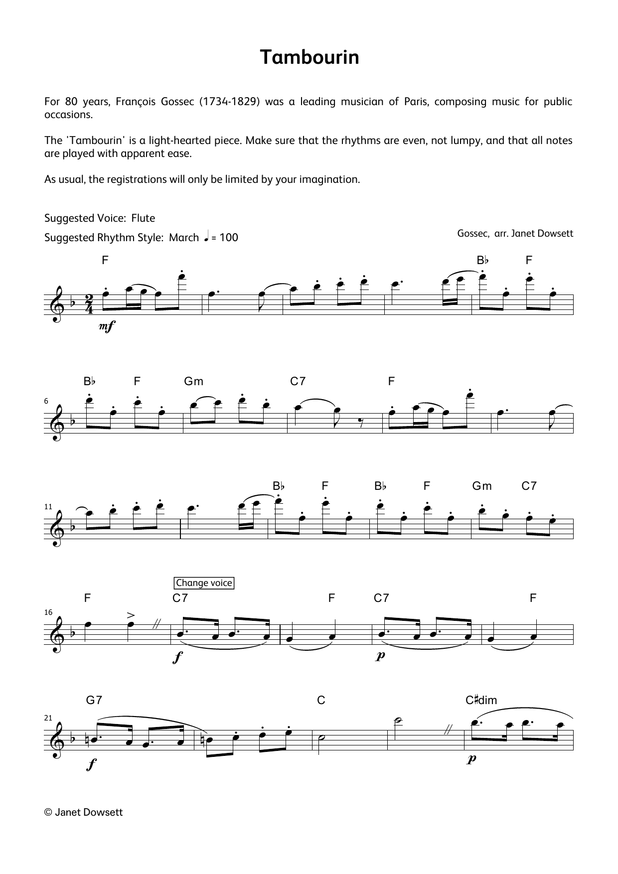 Download Gossec Tambourin (LCME Electronic Keyboard Grade 7 List B & C) Sheet Music and learn how to play Piano Solo PDF digital score in minutes