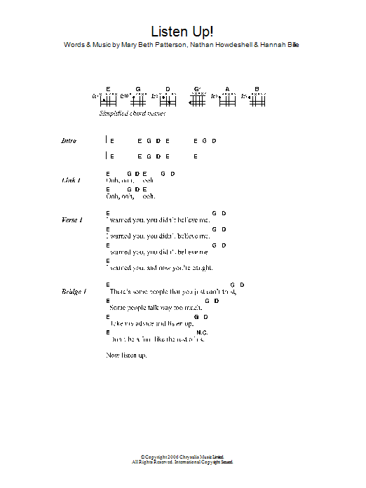 Download The Gossip Listen Up! Sheet Music and learn how to play Lyrics & Chords PDF digital score in minutes