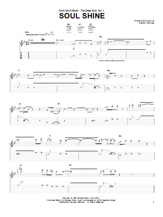Download Gov't Mule Soul Shine Sheet Music and learn how to play Guitar Tab PDF digital score in minutes