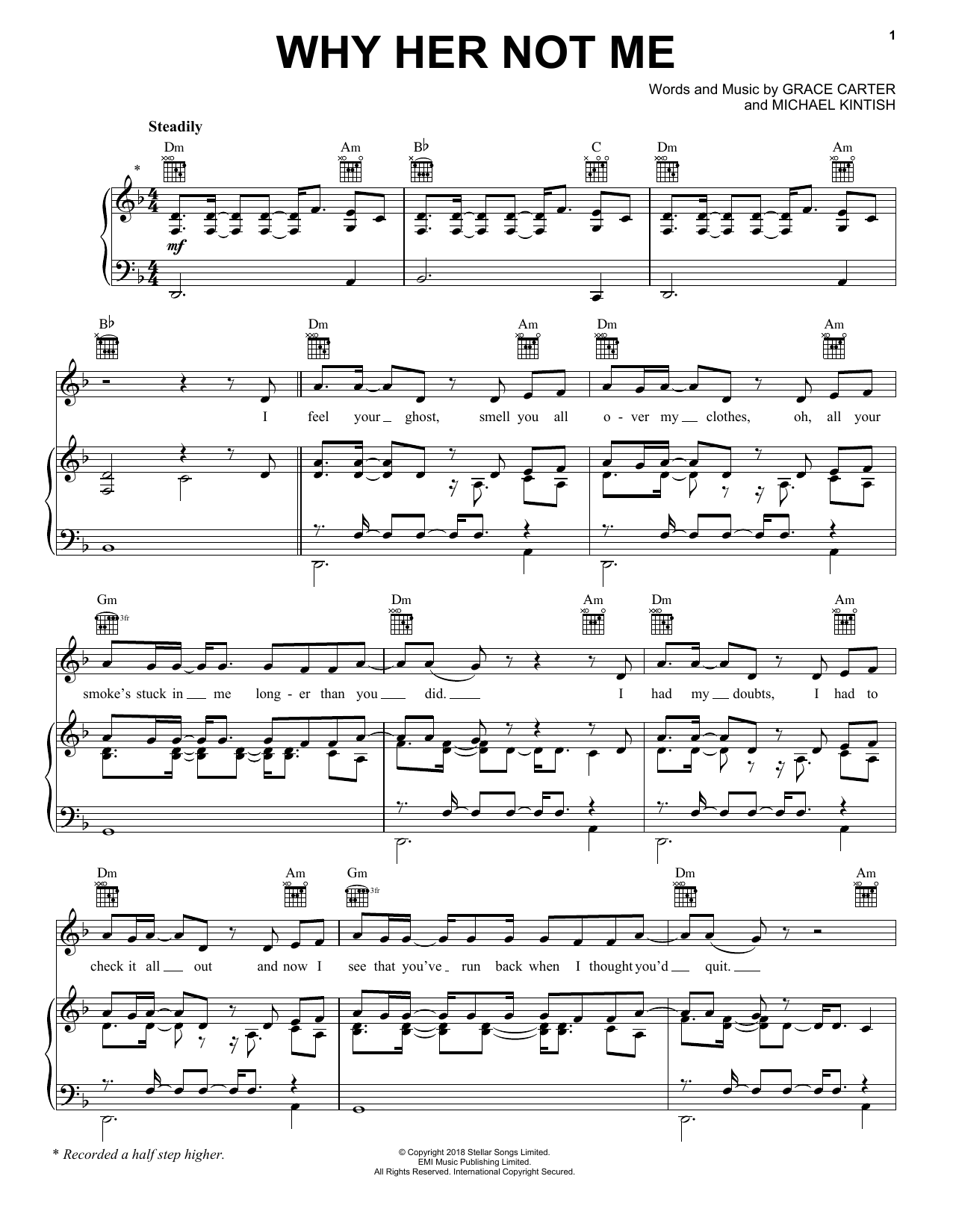 Download Grace Carter Why Her Not Me Sheet Music and learn how to play Piano, Vocal & Guitar Chords (Right-Hand Melody) PDF digital score in minutes