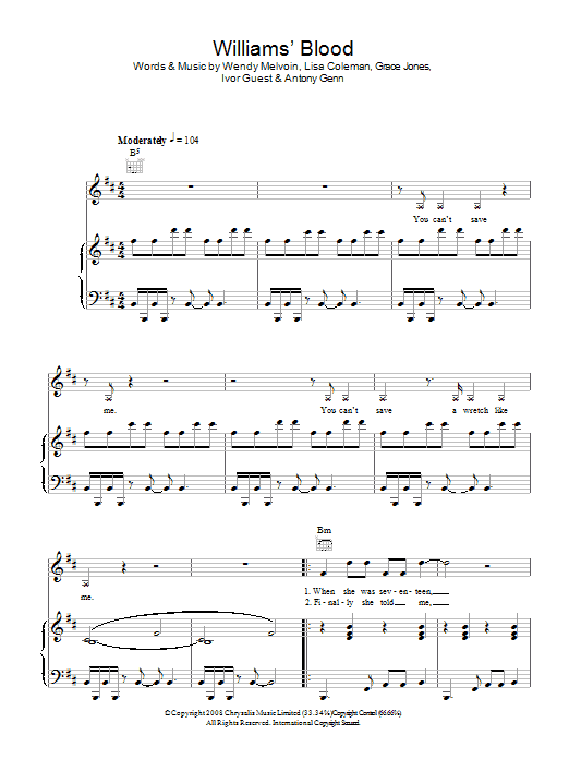 Download Grace Jones Williams' Blood Sheet Music and learn how to play Piano, Vocal & Guitar PDF digital score in minutes