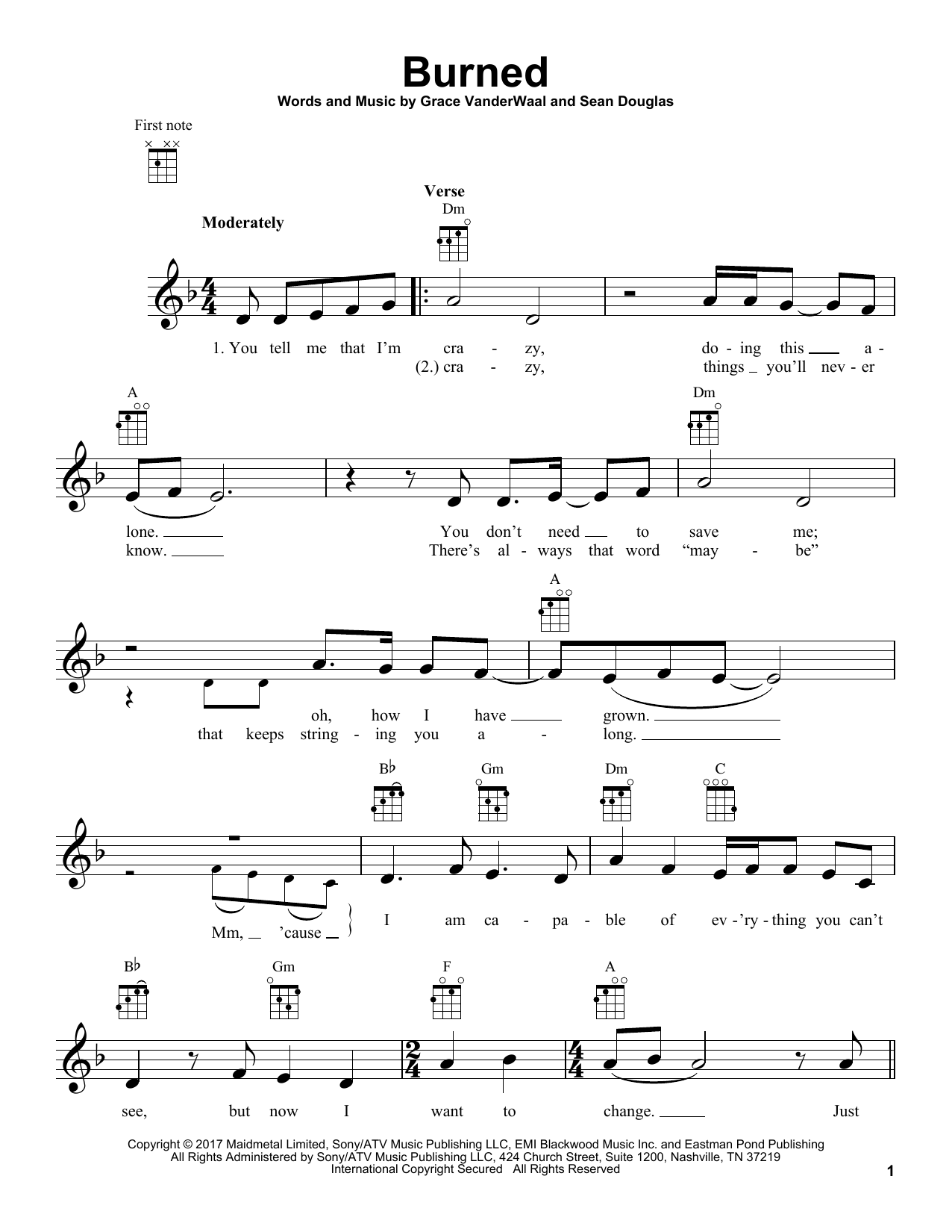 Download Grace VanderWaal Burned Sheet Music and learn how to play Ukulele PDF digital score in minutes