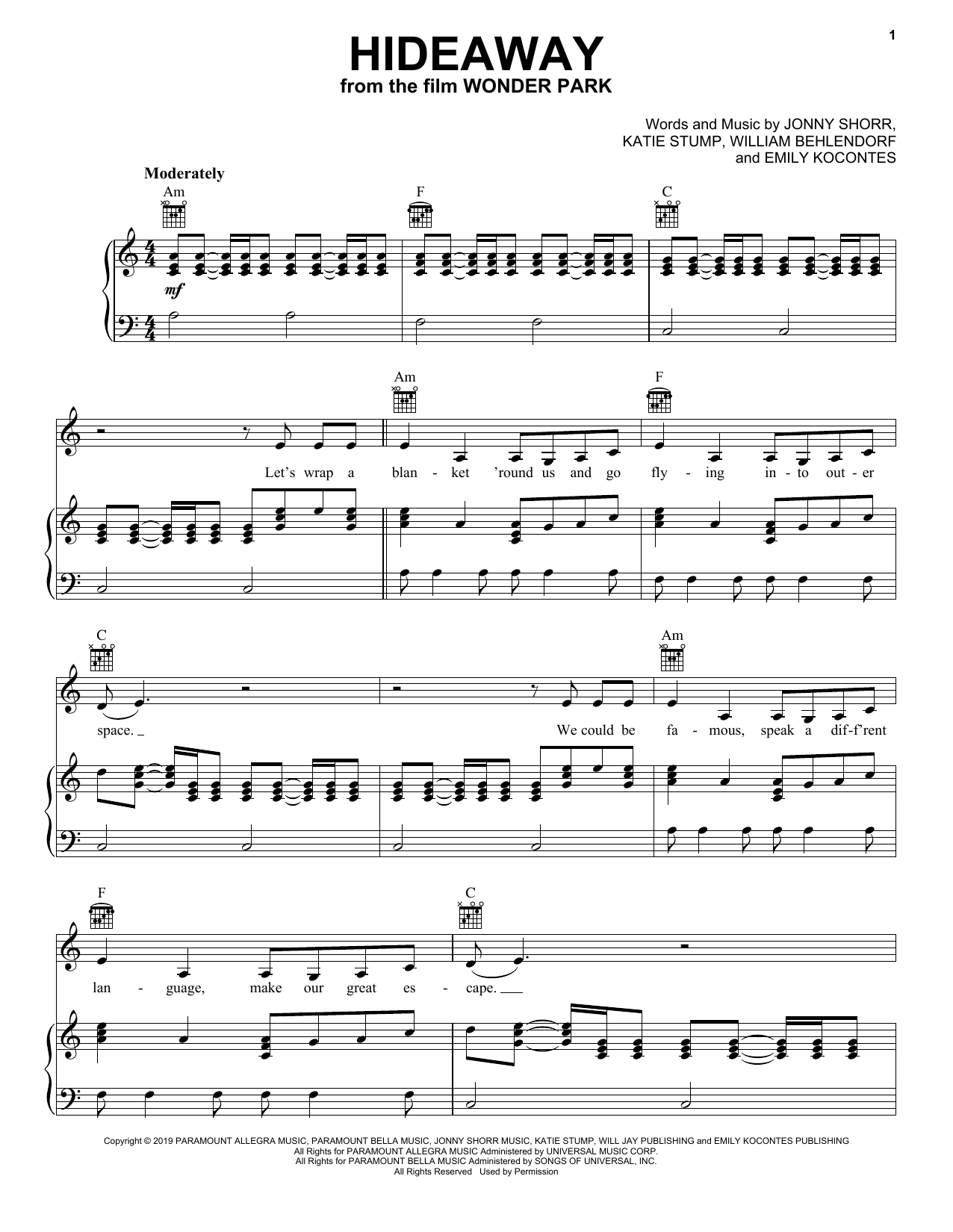 Download Grace VanderWaal Hideaway (from Wonder Park) Sheet Music and learn how to play Easy Piano PDF digital score in minutes