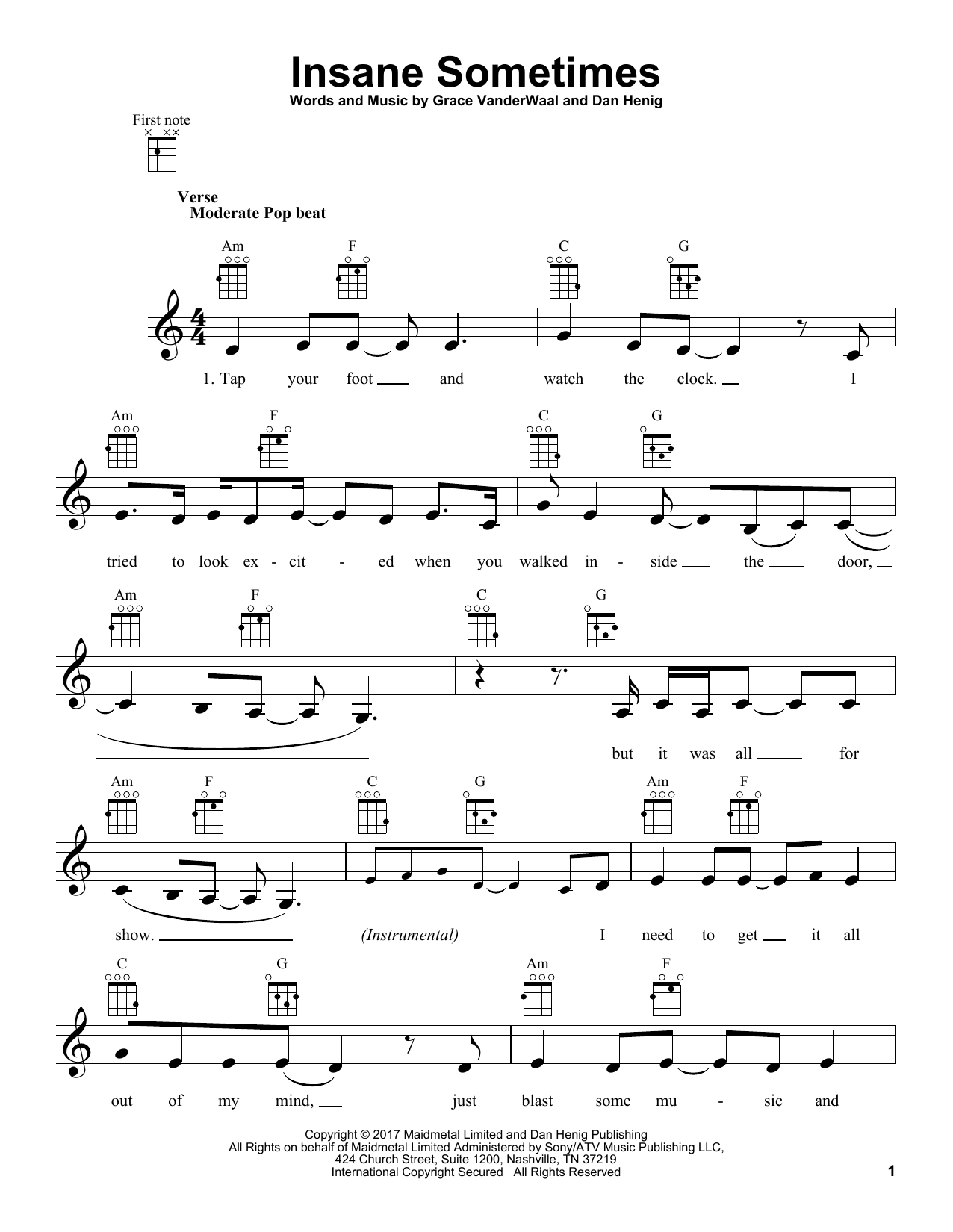 Download Grace VanderWaal Insane Sometimes Sheet Music and learn how to play Easy Piano PDF digital score in minutes