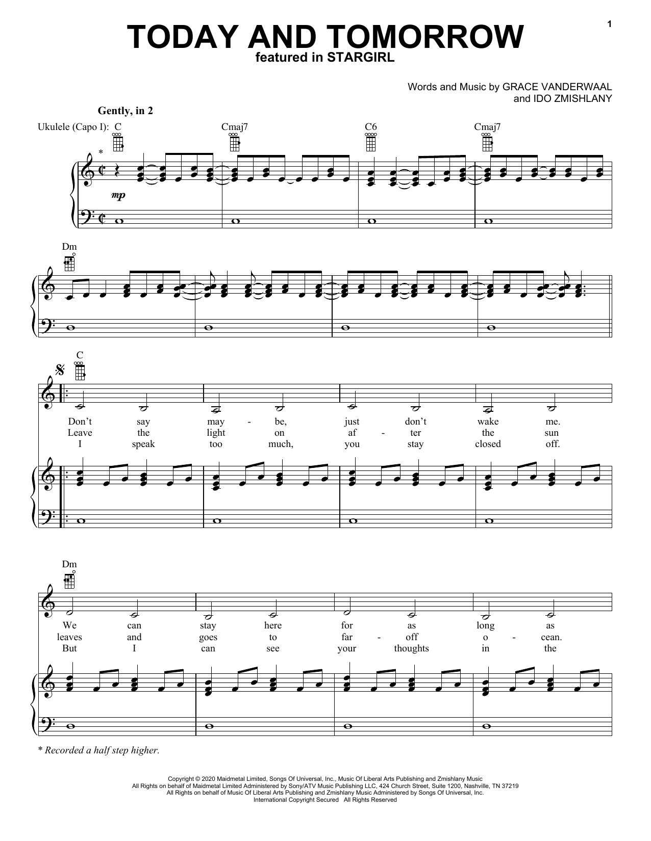 Download Grace VanderWaal Today And Tomorrow (from Disney's Stargirl) Sheet Music and learn how to play Piano, Vocal & Guitar Chords (Right-Hand Melody) PDF digital score in minutes
