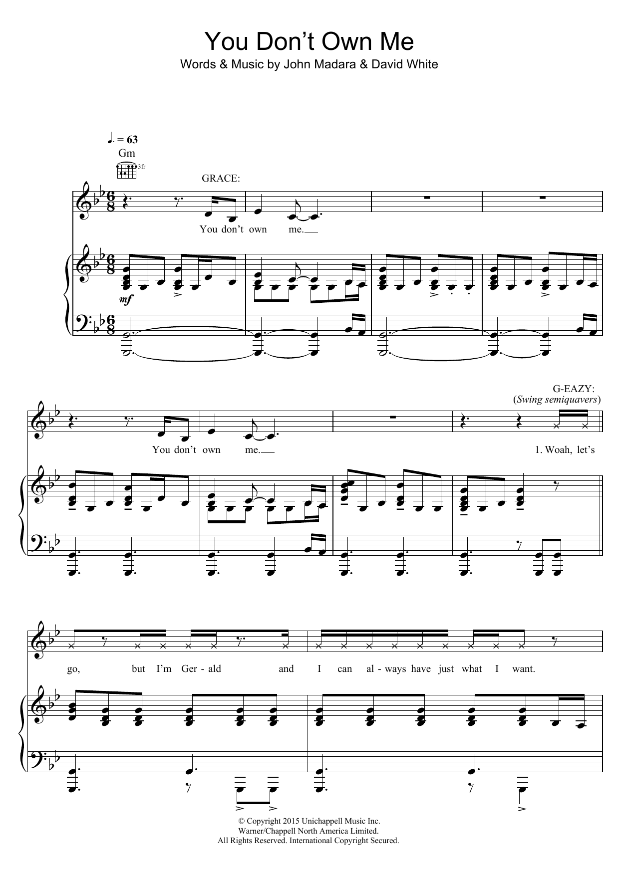 Download Grace You Don't Own Me (feat. G-Eazy) Sheet Music and learn how to play Piano, Vocal & Guitar (Right-Hand Melody) PDF digital score in minutes