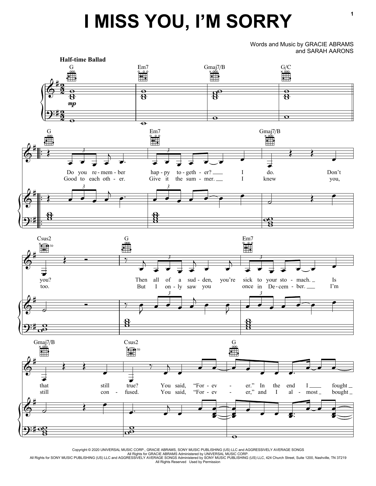 Download Gracie Abrams I miss you, I'm sorry Sheet Music and learn how to play Piano, Vocal & Guitar Chords (Right-Hand Melody) PDF digital score in minutes