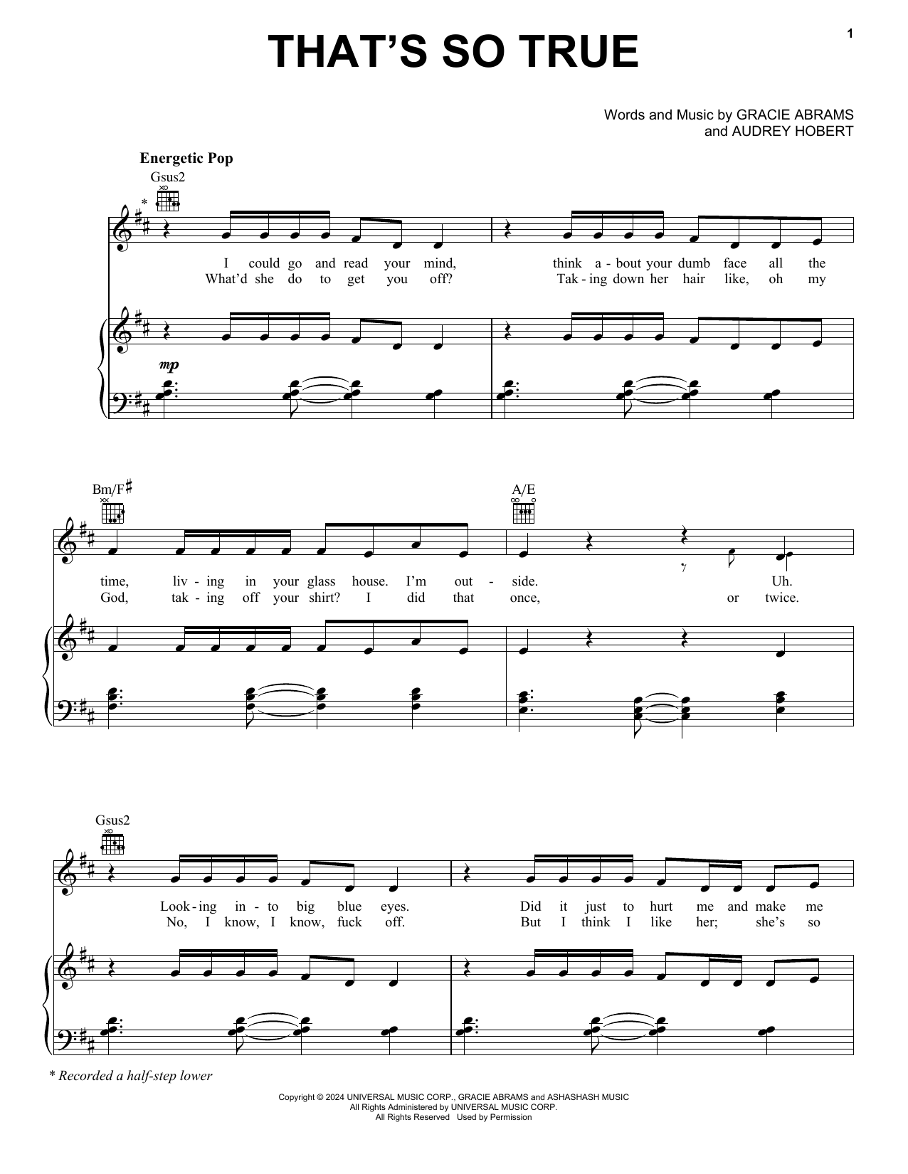 Download Gracie Abrams That's So True Sheet Music and learn how to play Piano, Vocal & Guitar Chords (Right-Hand Melody) PDF digital score in minutes