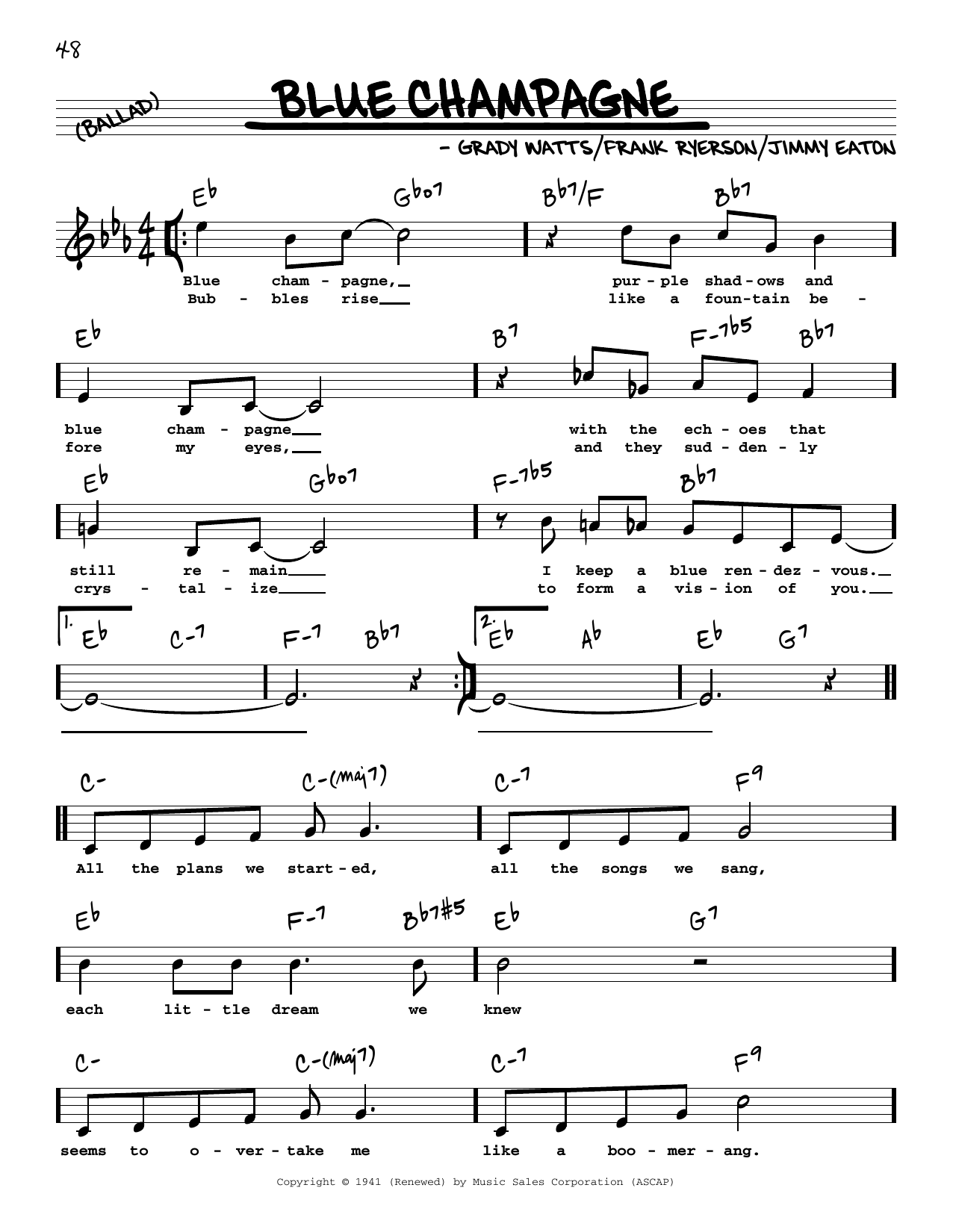 Download Grady Watts Blue Champagne (High Voice) Sheet Music and learn how to play Real Book – Melody, Lyrics & Chords PDF digital score in minutes