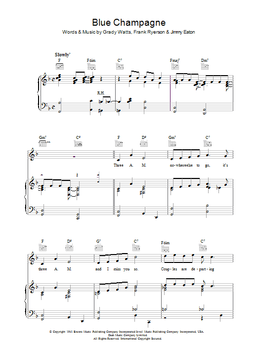 Download Grady Watts Blue Champagne Sheet Music and learn how to play Melody Line, Lyrics & Chords PDF digital score in minutes