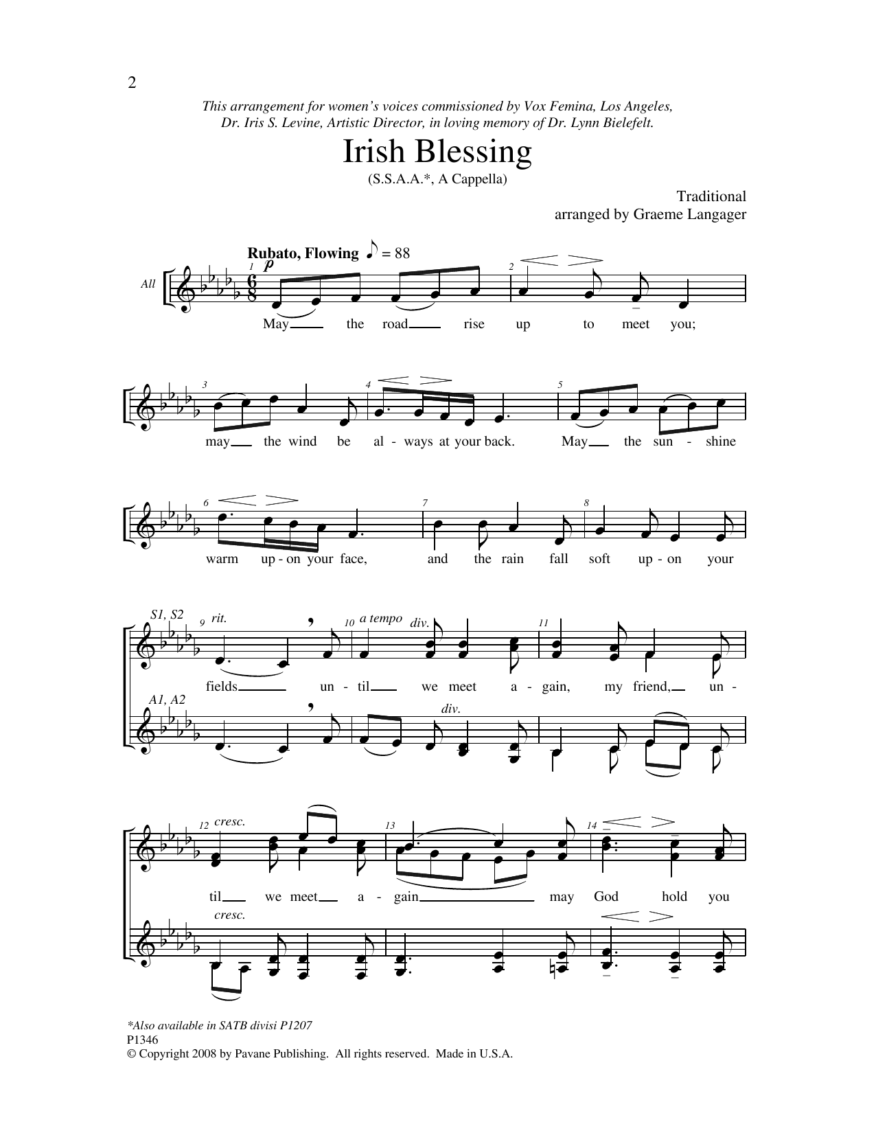 Download Graeme Langager Irish Blessing Sheet Music and learn how to play SSA Choir PDF digital score in minutes