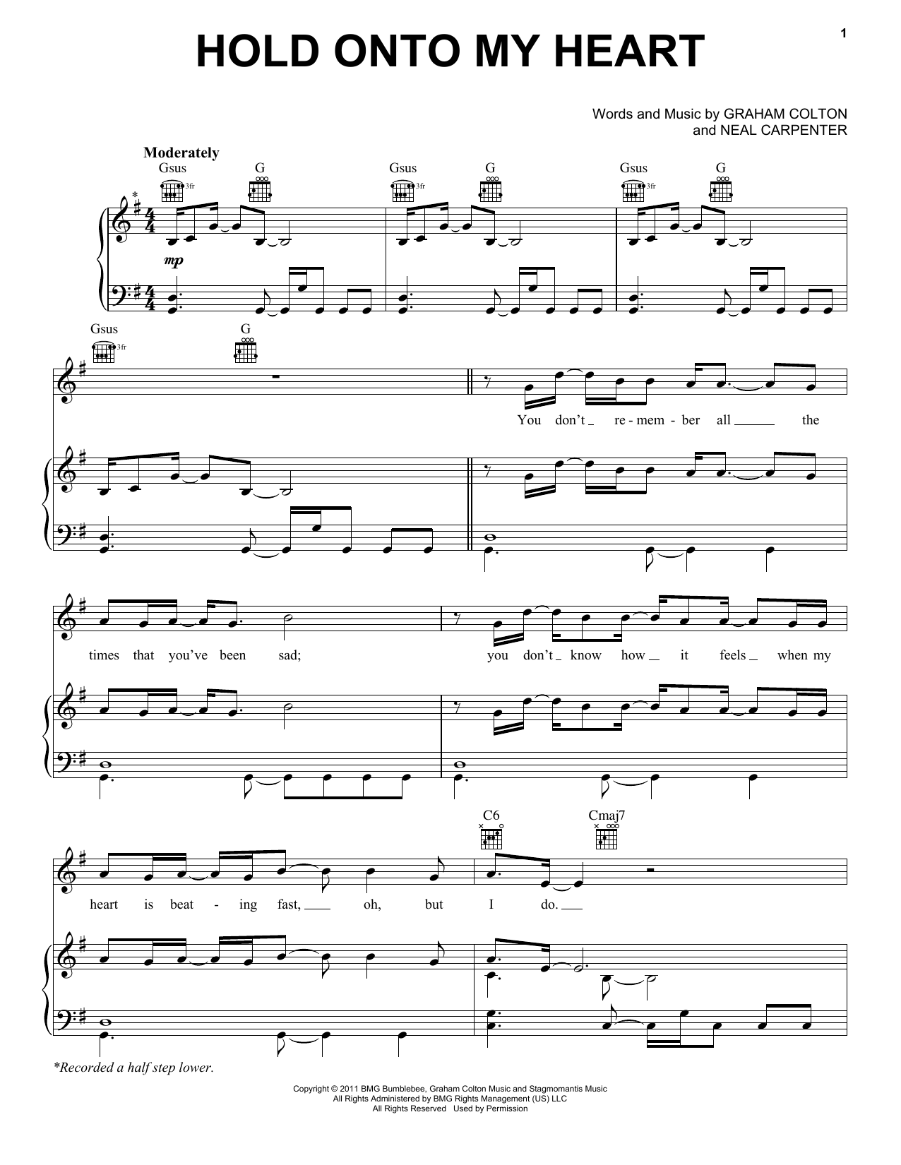 Download Graham Colton Hold Onto My Heart Sheet Music and learn how to play Piano, Vocal & Guitar (Right-Hand Melody) PDF digital score in minutes