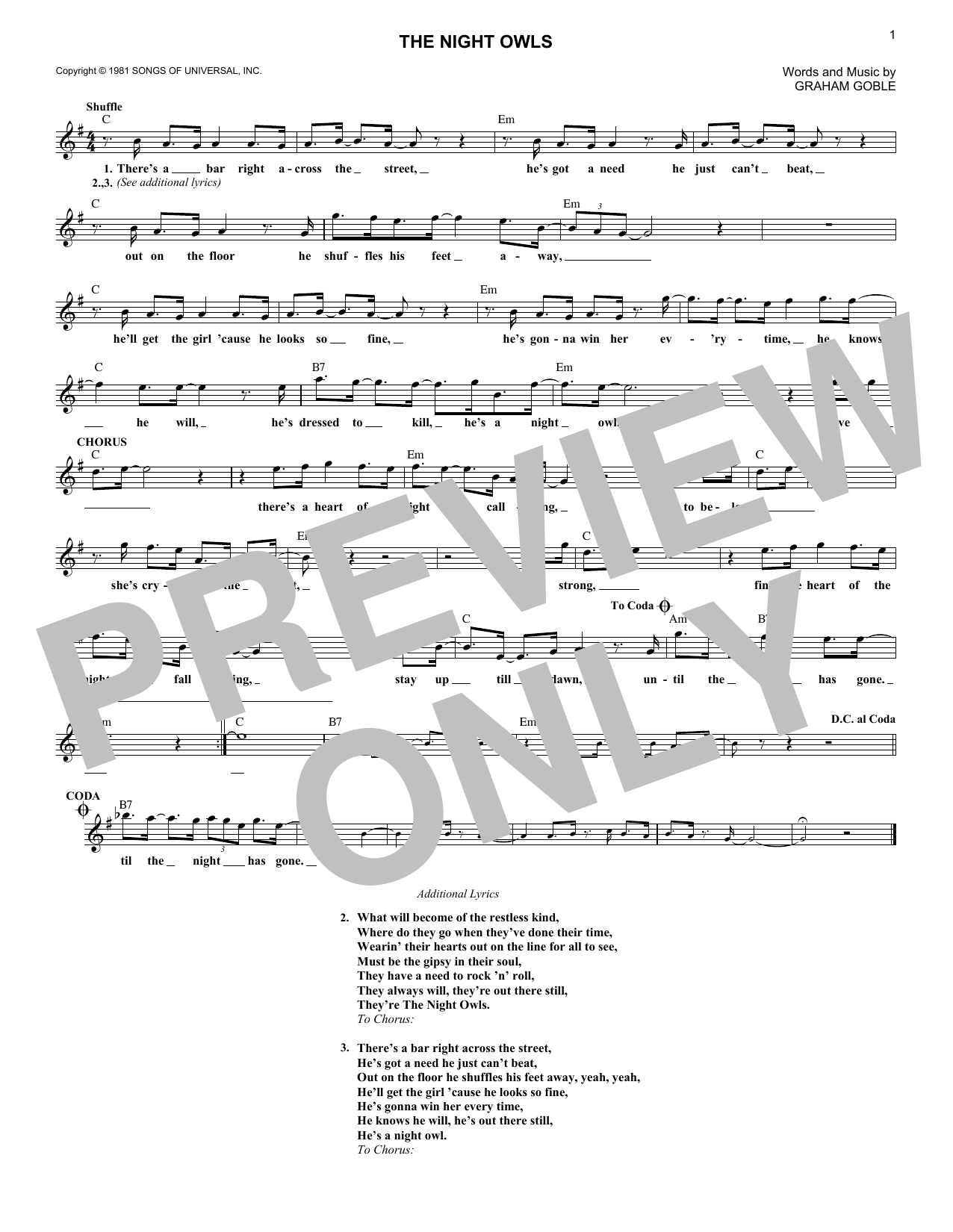 Download Graham Goble The Night Owls Sheet Music and learn how to play Melody Line, Lyrics & Chords PDF digital score in minutes