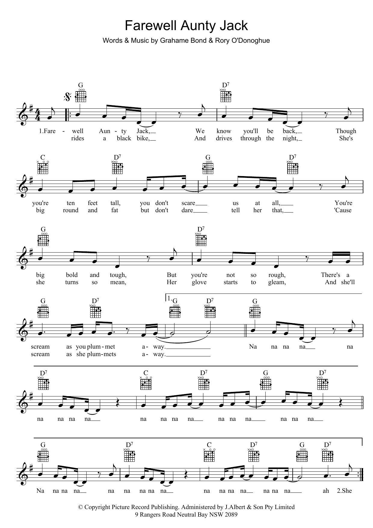 Download Grahame Bond Farewell Aunty Jack Sheet Music and learn how to play Melody Line, Lyrics & Chords PDF digital score in minutes