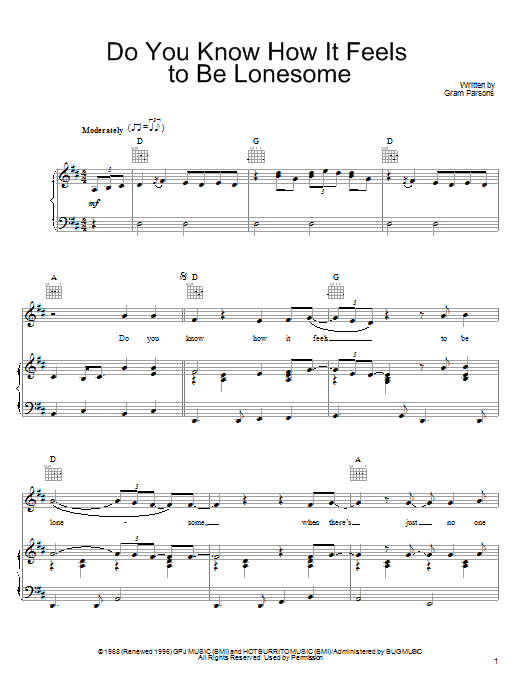 Download Gram Parsons Do You Know How It Feels To Be Lonesome Sheet Music and learn how to play Piano, Vocal & Guitar (Right-Hand Melody) PDF digital score in minutes