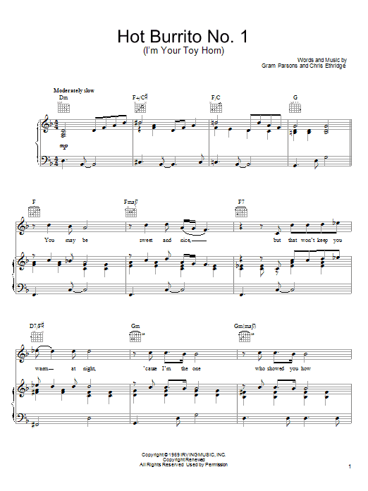 Download Gram Parsons Hot Burrito No. 1 (I'm Your Toy Horn) Sheet Music and learn how to play Piano, Vocal & Guitar (Right-Hand Melody) PDF digital score in minutes