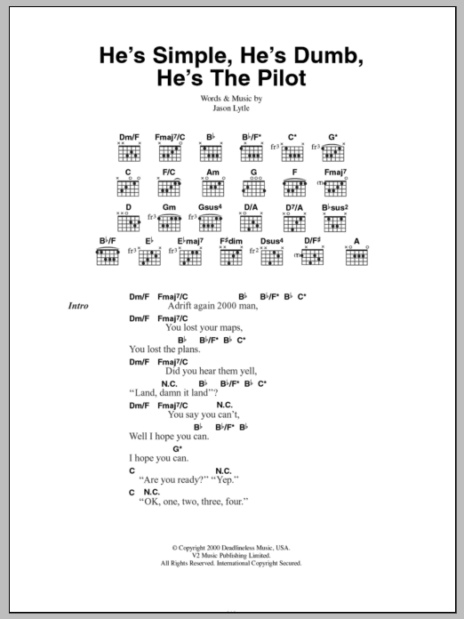 Download Grandaddy He's Simple, He's Dumb, He's The Pilot Sheet Music and learn how to play Lyrics & Chords PDF digital score in minutes