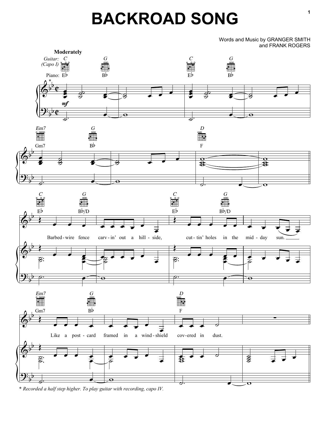 Download Granger Smith Backroad Song Sheet Music and learn how to play Piano, Vocal & Guitar (Right-Hand Melody) PDF digital score in minutes