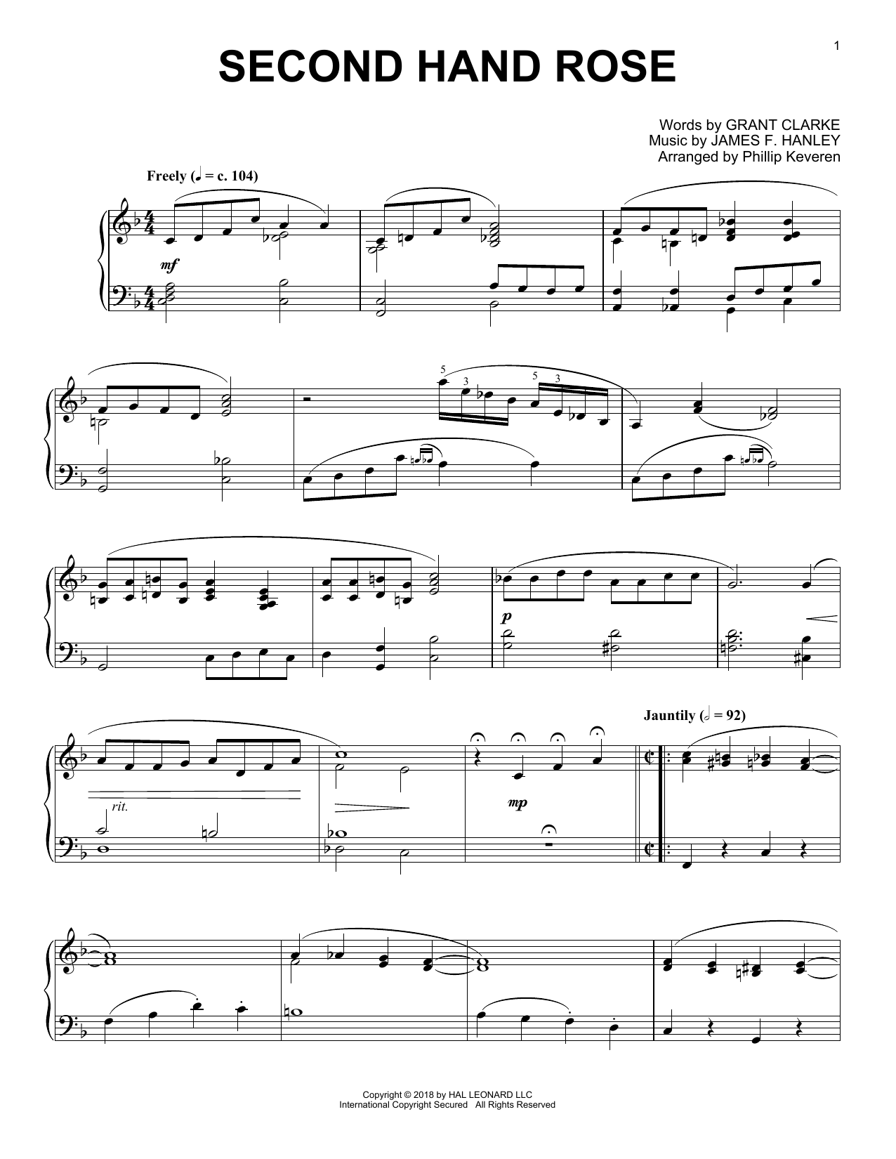 Download Grant Clarke Second Hand Rose [Jazz version] (arr. Phillip Keveren) Sheet Music and learn how to play Piano Solo PDF digital score in minutes
