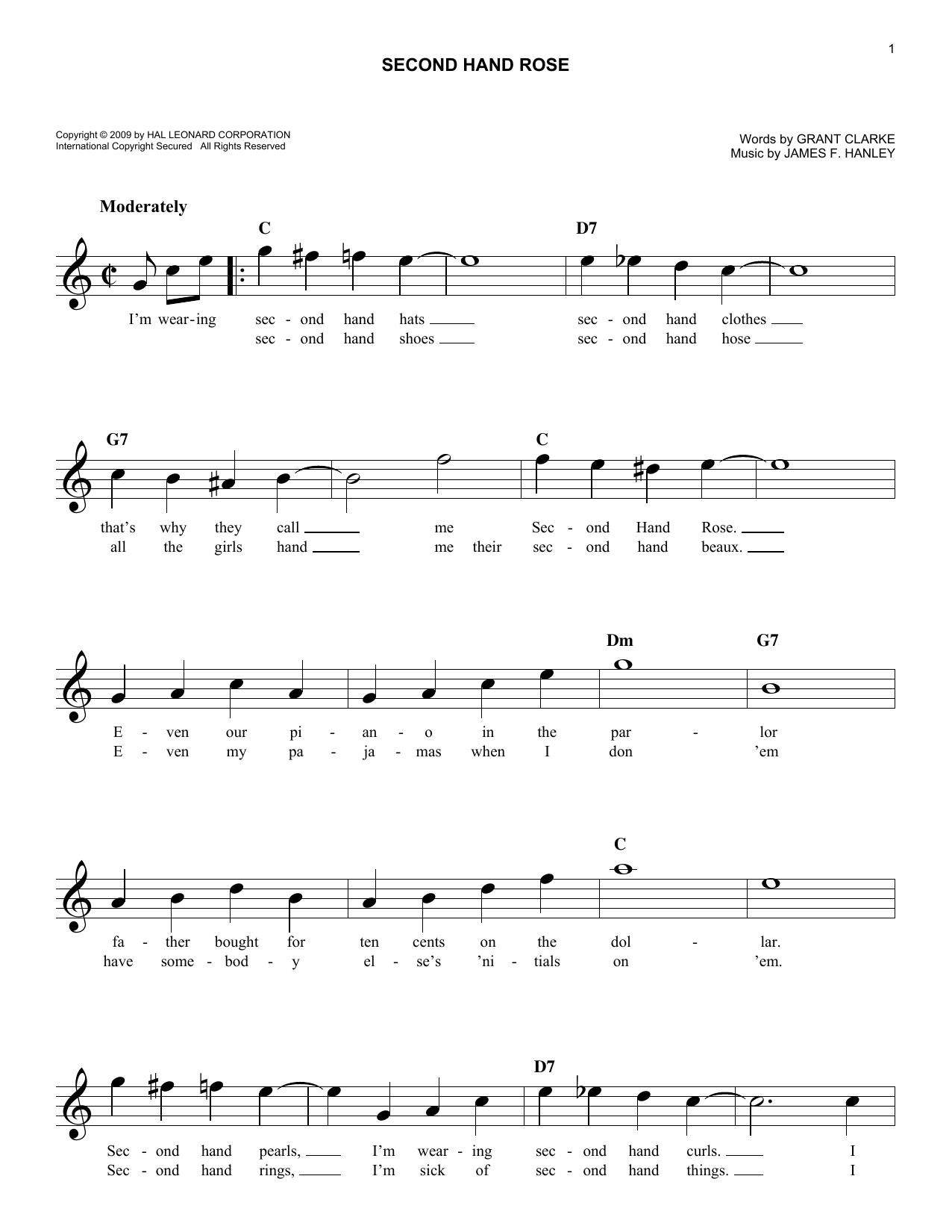 Download Grant Clarke Second Hand Rose Sheet Music and learn how to play Melody Line, Lyrics & Chords PDF digital score in minutes