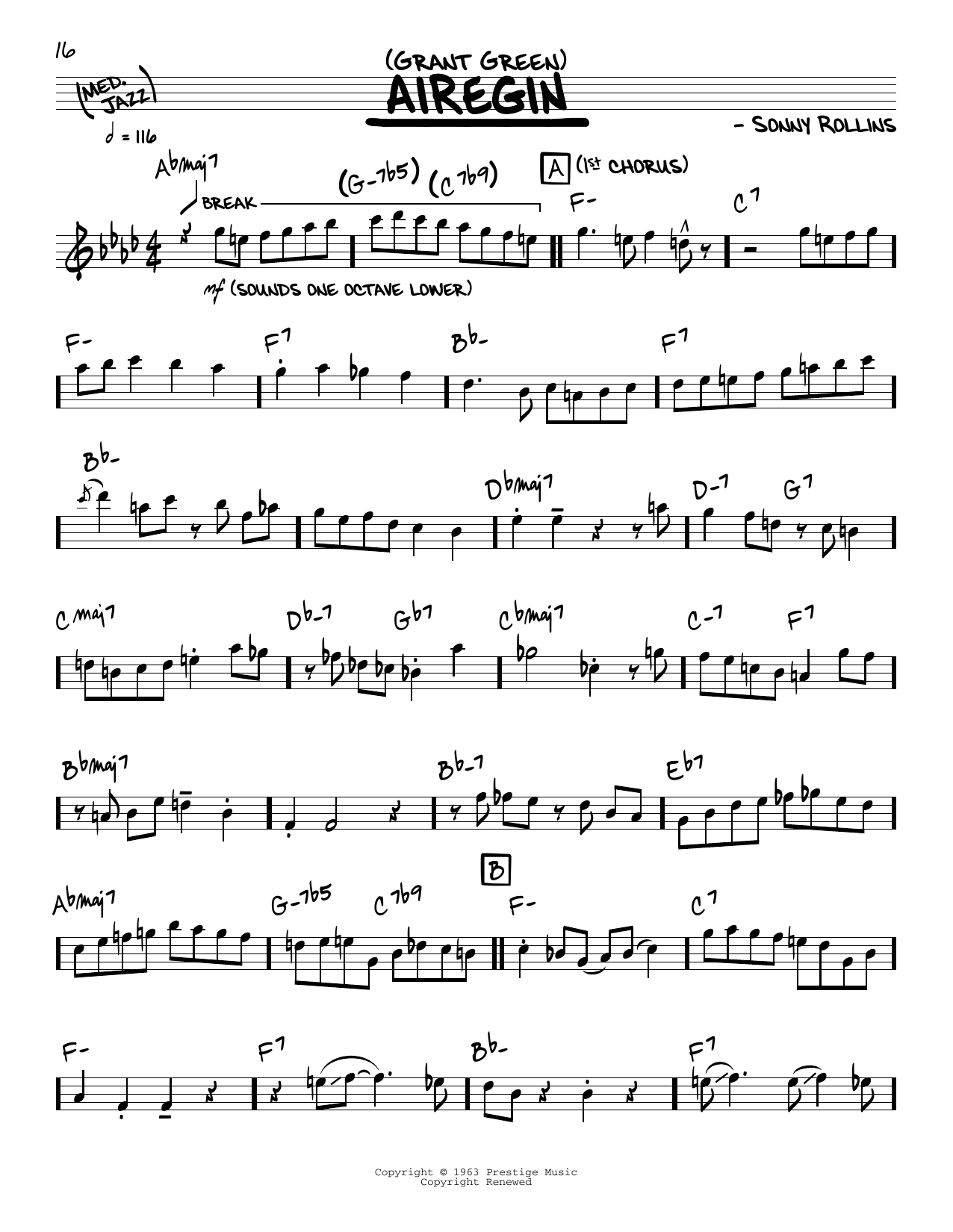 Download Grant Green Airegin (solo only) Sheet Music and learn how to play Real Book – Melody & Chords PDF digital score in minutes