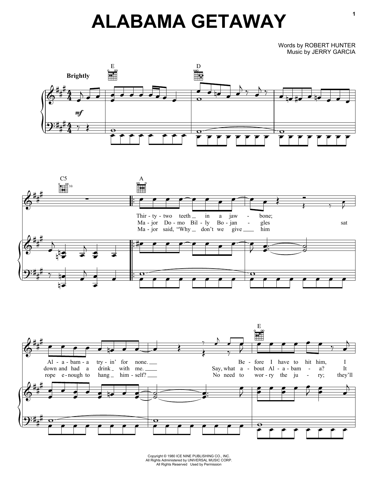 Download Grateful Dead Alabama Getaway Sheet Music and learn how to play Piano, Vocal & Guitar (Right-Hand Melody) PDF digital score in minutes