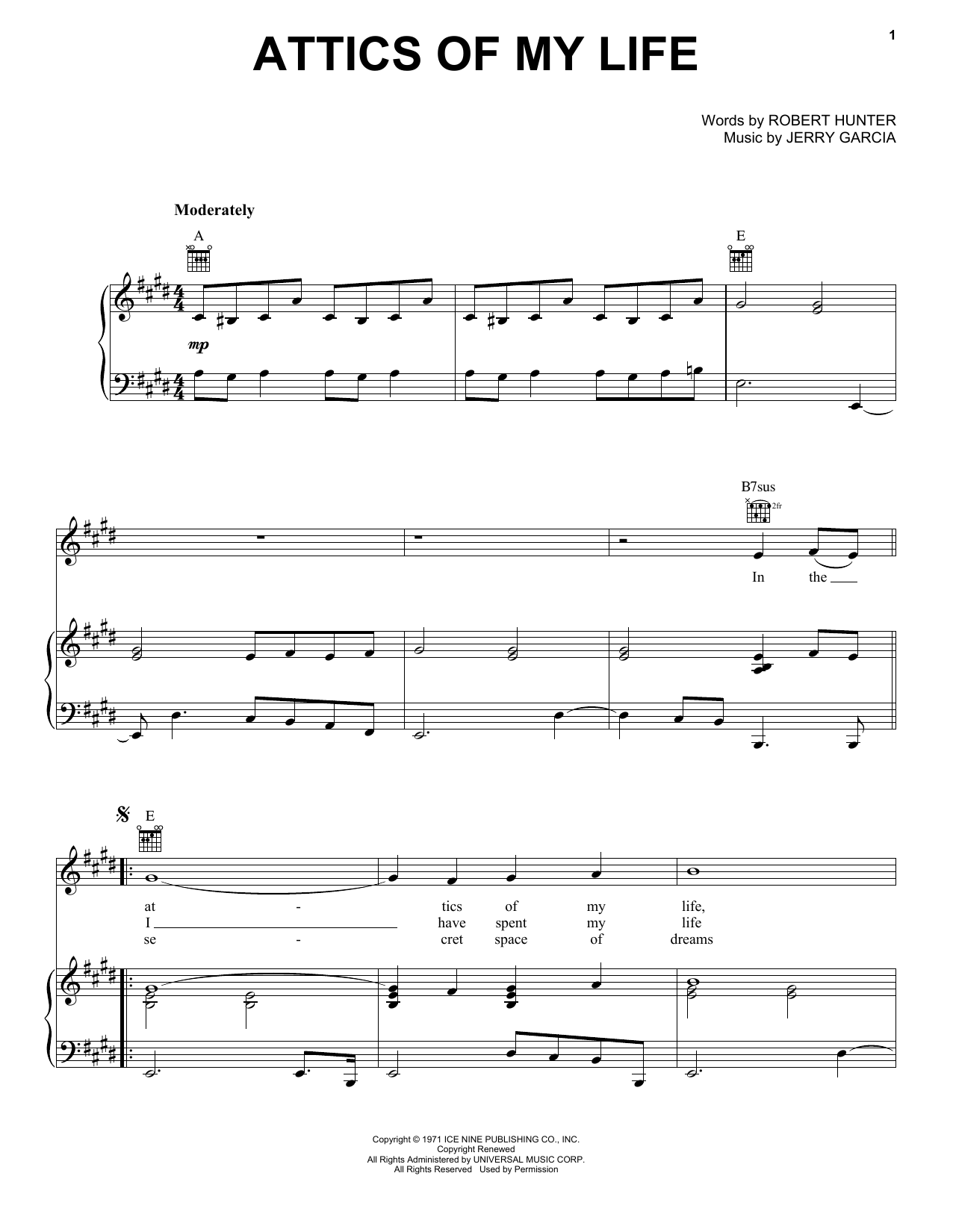Download Grateful Dead Attics Of My Life Sheet Music and learn how to play Piano, Vocal & Guitar (Right-Hand Melody) PDF digital score in minutes