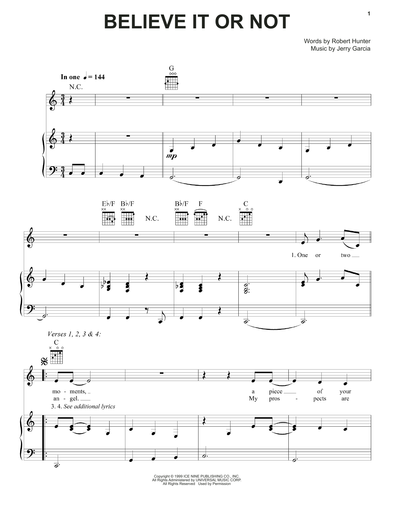 Download Grateful Dead Believe It Or Not Sheet Music and learn how to play Piano, Vocal & Guitar (Right-Hand Melody) PDF digital score in minutes