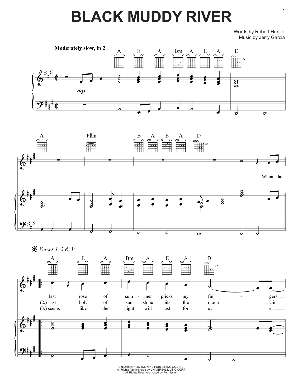 Download Grateful Dead Black Muddy River Sheet Music and learn how to play Piano, Vocal & Guitar (Right-Hand Melody) PDF digital score in minutes