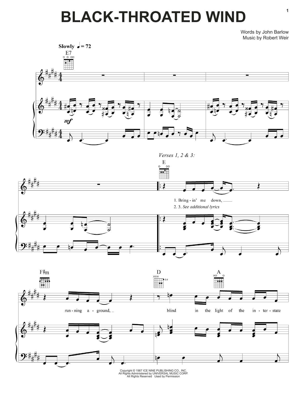 Download Grateful Dead Black-Throated Wind Sheet Music and learn how to play Piano, Vocal & Guitar (Right-Hand Melody) PDF digital score in minutes
