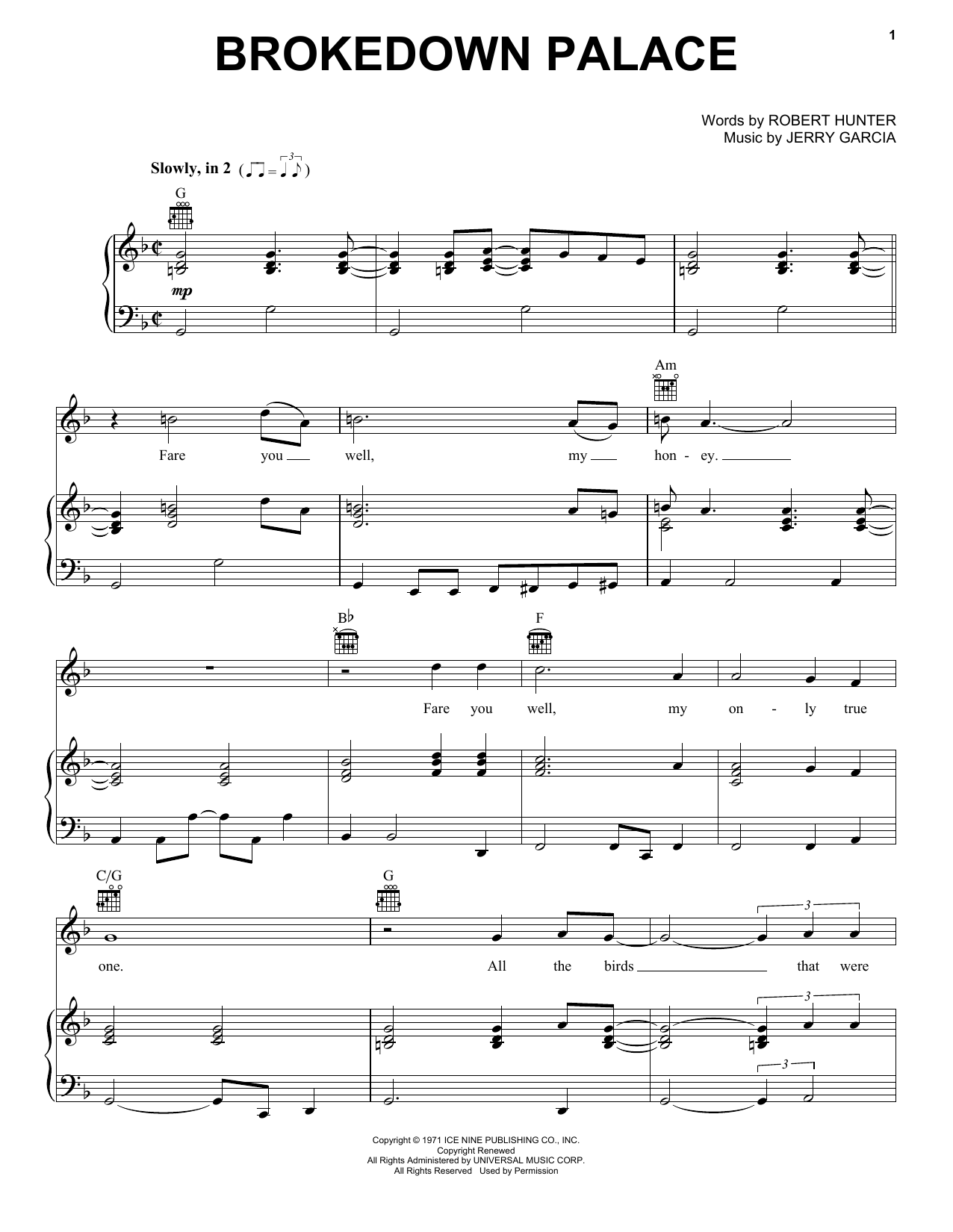 Download Grateful Dead Brokedown Palace Sheet Music and learn how to play Lyrics & Chords PDF digital score in minutes