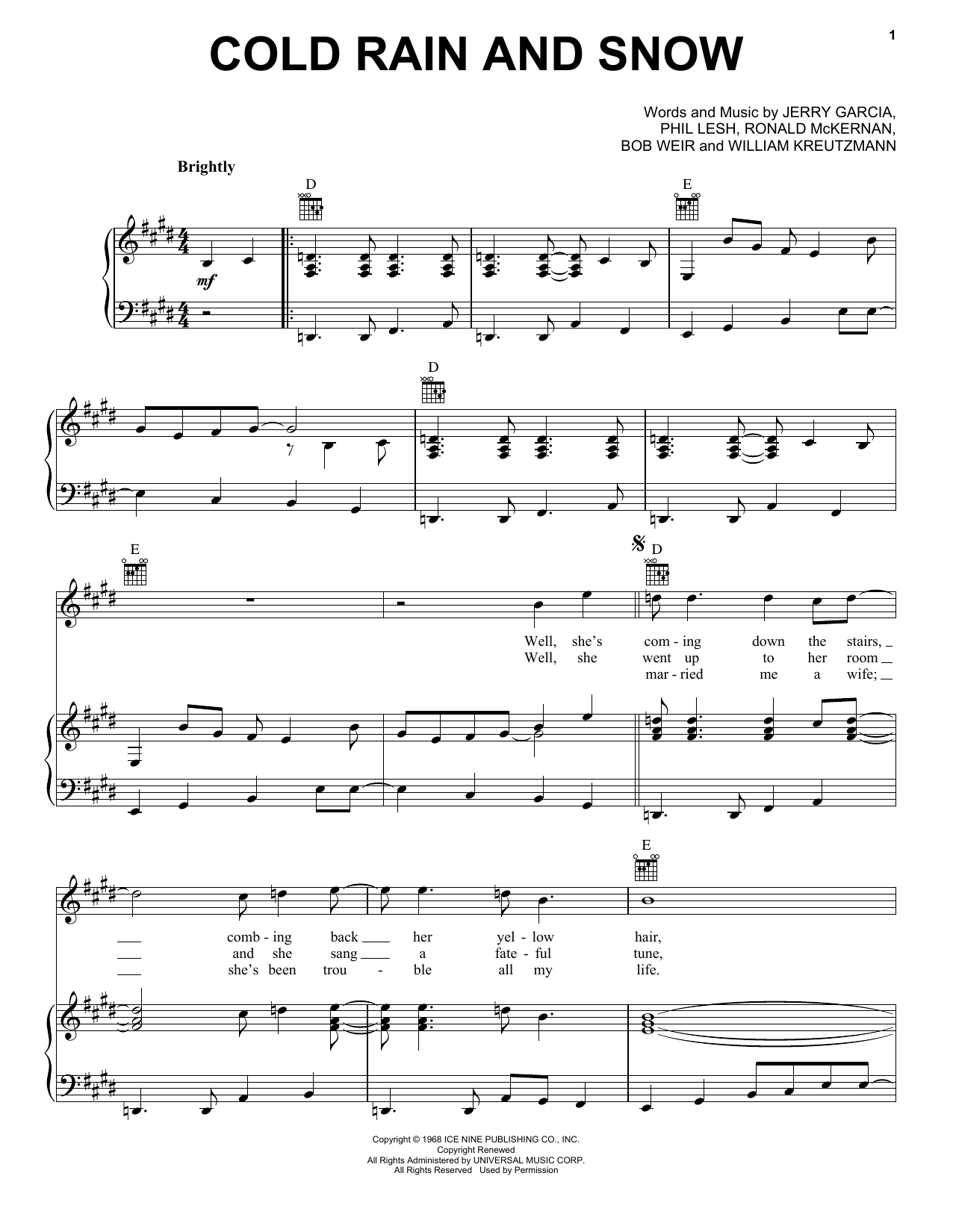 Download Grateful Dead Cold Rain And Snow Sheet Music and learn how to play Piano, Vocal & Guitar (Right-Hand Melody) PDF digital score in minutes