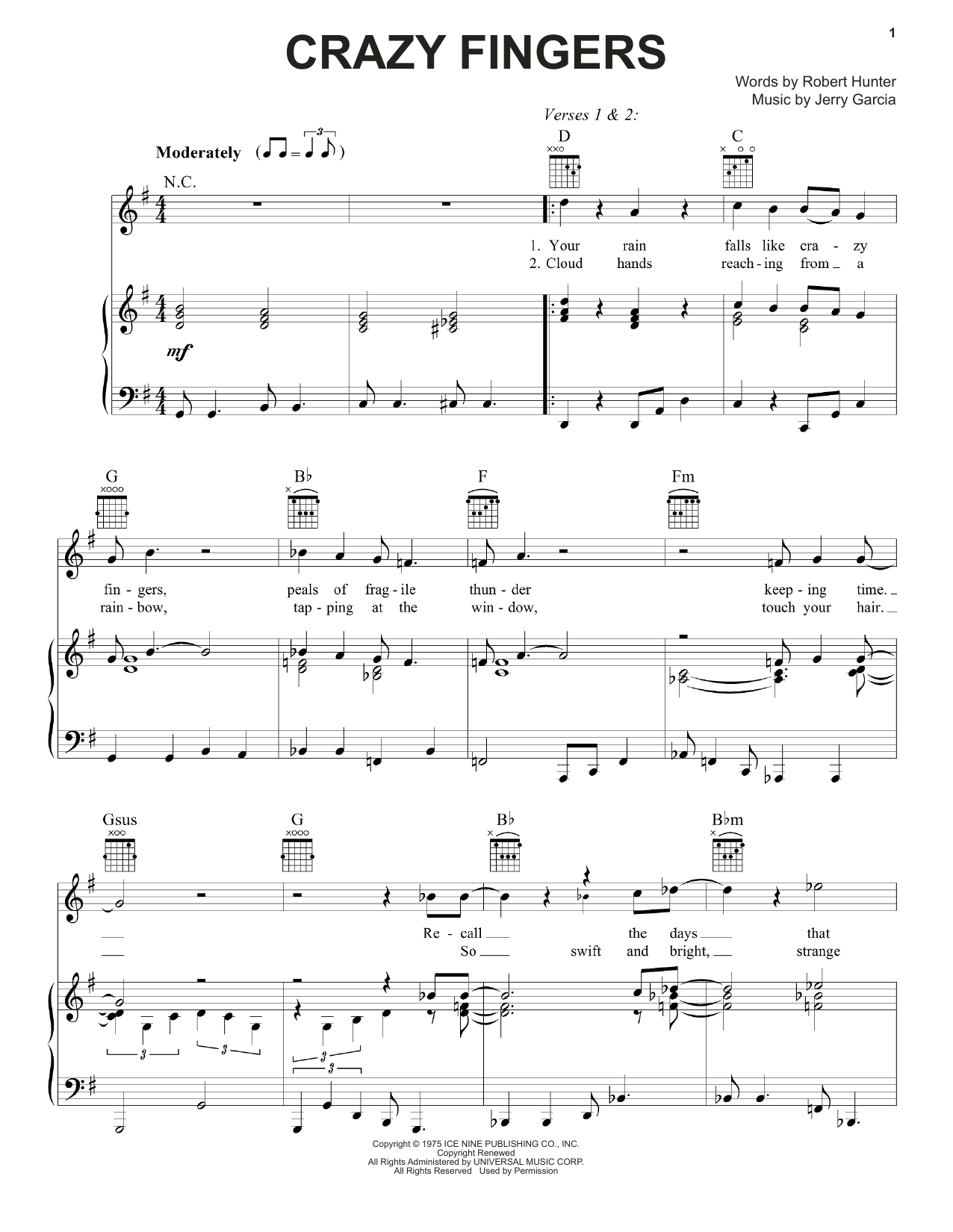 Download Grateful Dead Crazy Fingers Sheet Music and learn how to play Piano, Vocal & Guitar (Right-Hand Melody) PDF digital score in minutes
