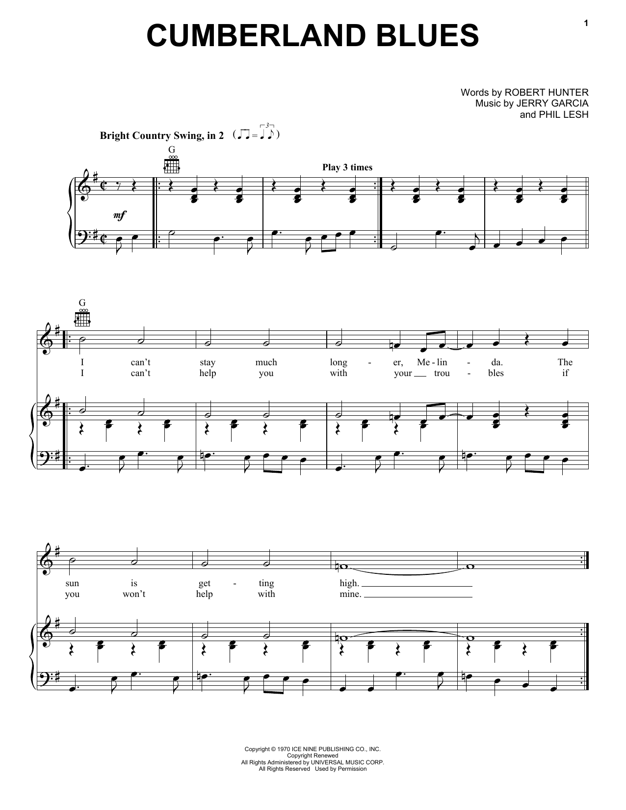 Download Grateful Dead Cumberland Blues Sheet Music and learn how to play Piano, Vocal & Guitar (Right-Hand Melody) PDF digital score in minutes