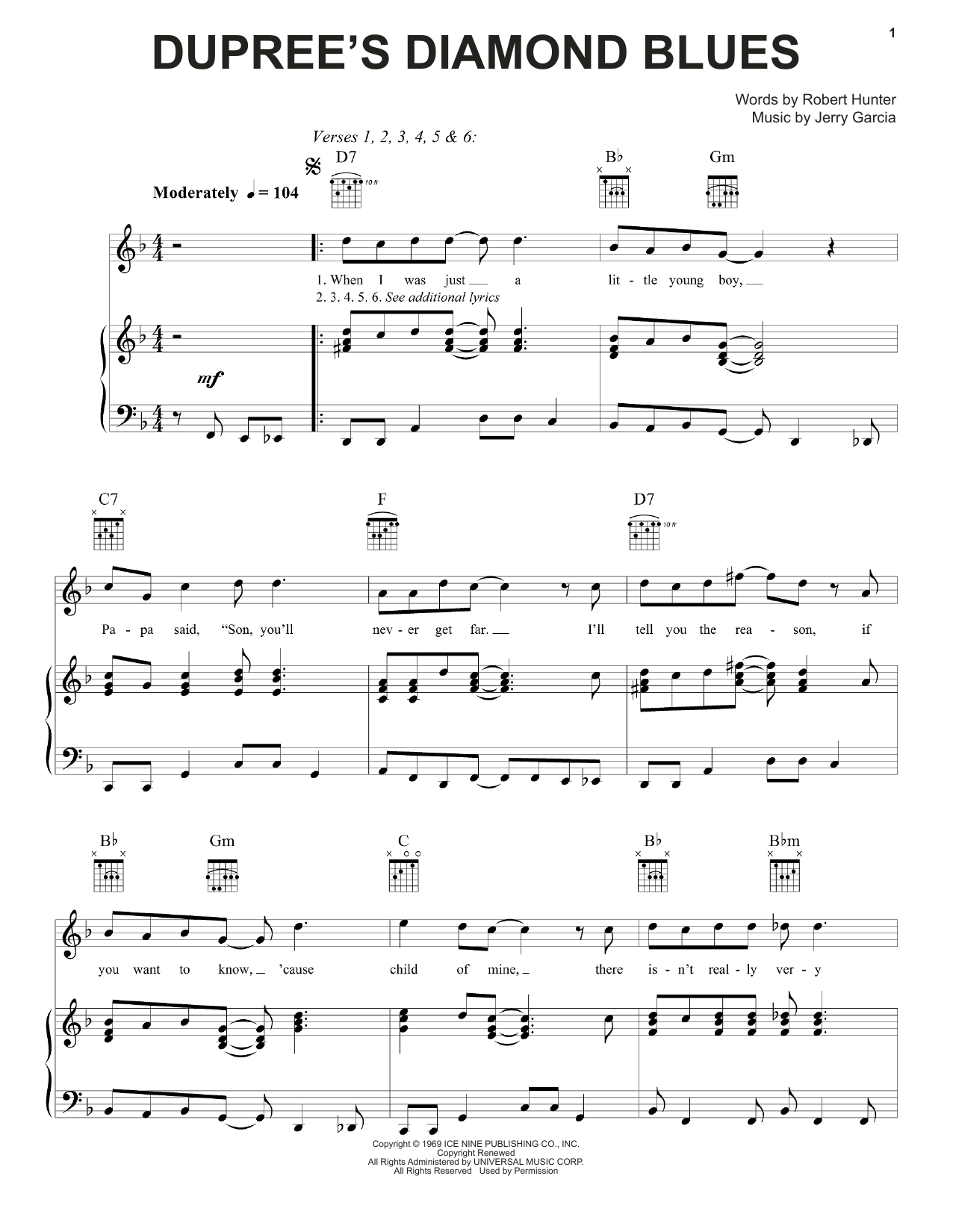 Download Grateful Dead Dupree's Diamond Blues Sheet Music and learn how to play Piano, Vocal & Guitar (Right-Hand Melody) PDF digital score in minutes