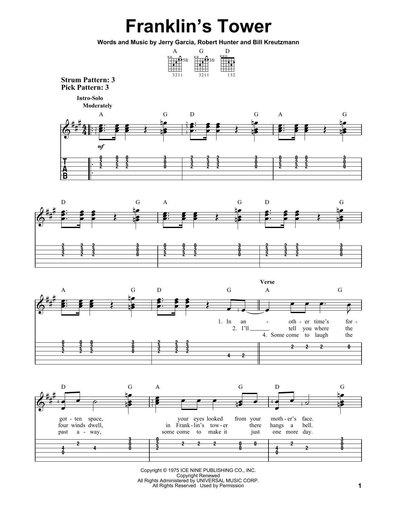 Download Grateful Dead Franklin's Tower Sheet Music and learn how to play Easy Guitar Tab PDF digital score in minutes