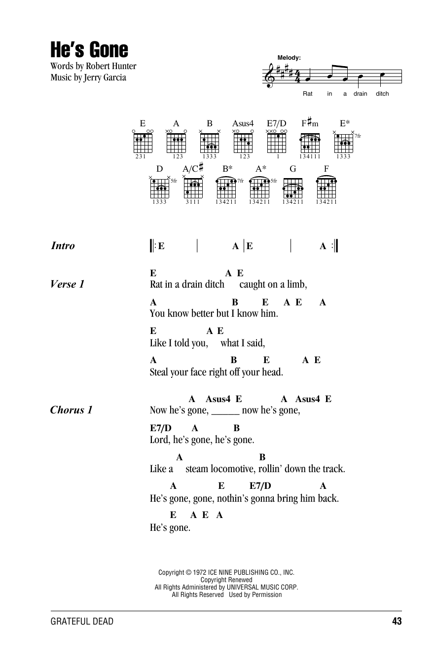 Download Grateful Dead He's Gone Sheet Music and learn how to play Lyrics & Chords PDF digital score in minutes