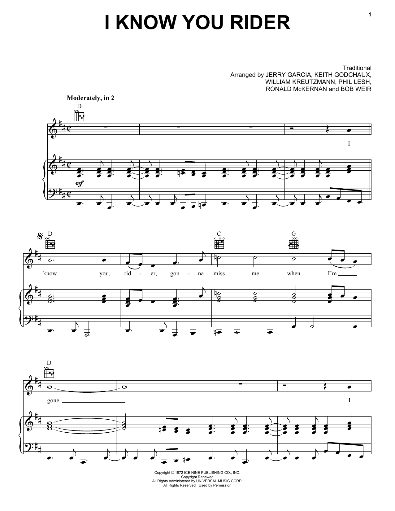 Download Grateful Dead I Know You Rider Sheet Music and learn how to play Lyrics & Chords PDF digital score in minutes
