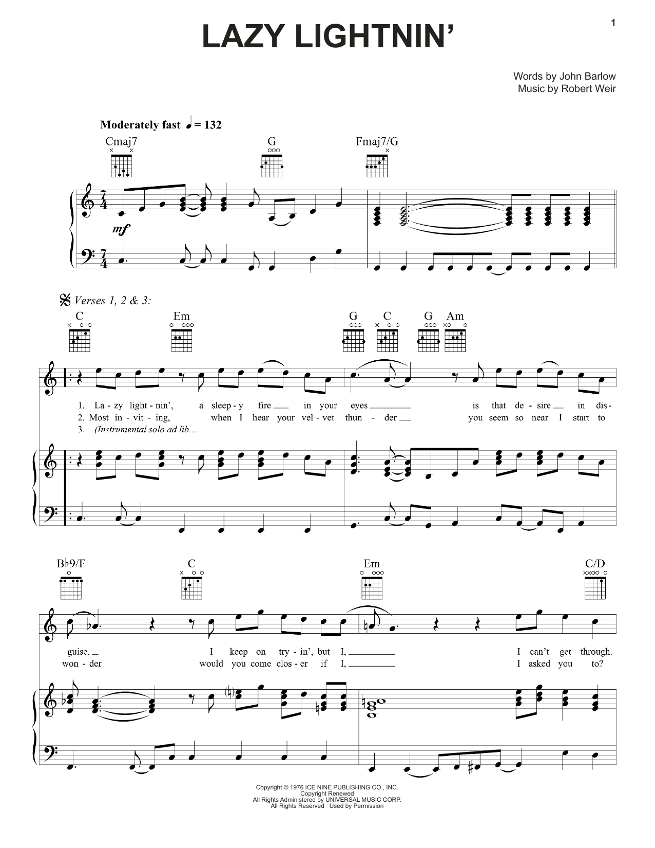 Download Grateful Dead Lazy Lightnin' Sheet Music and learn how to play Piano, Vocal & Guitar (Right-Hand Melody) PDF digital score in minutes