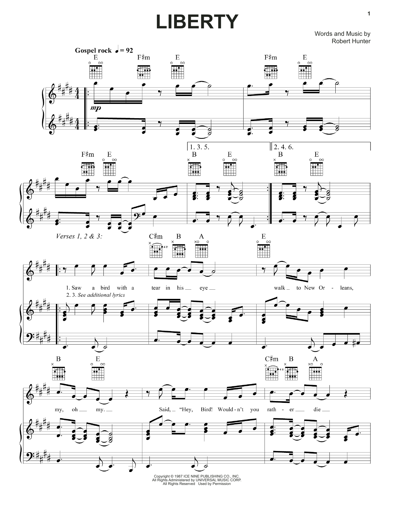 Download Grateful Dead Liberty Sheet Music and learn how to play Piano, Vocal & Guitar (Right-Hand Melody) PDF digital score in minutes