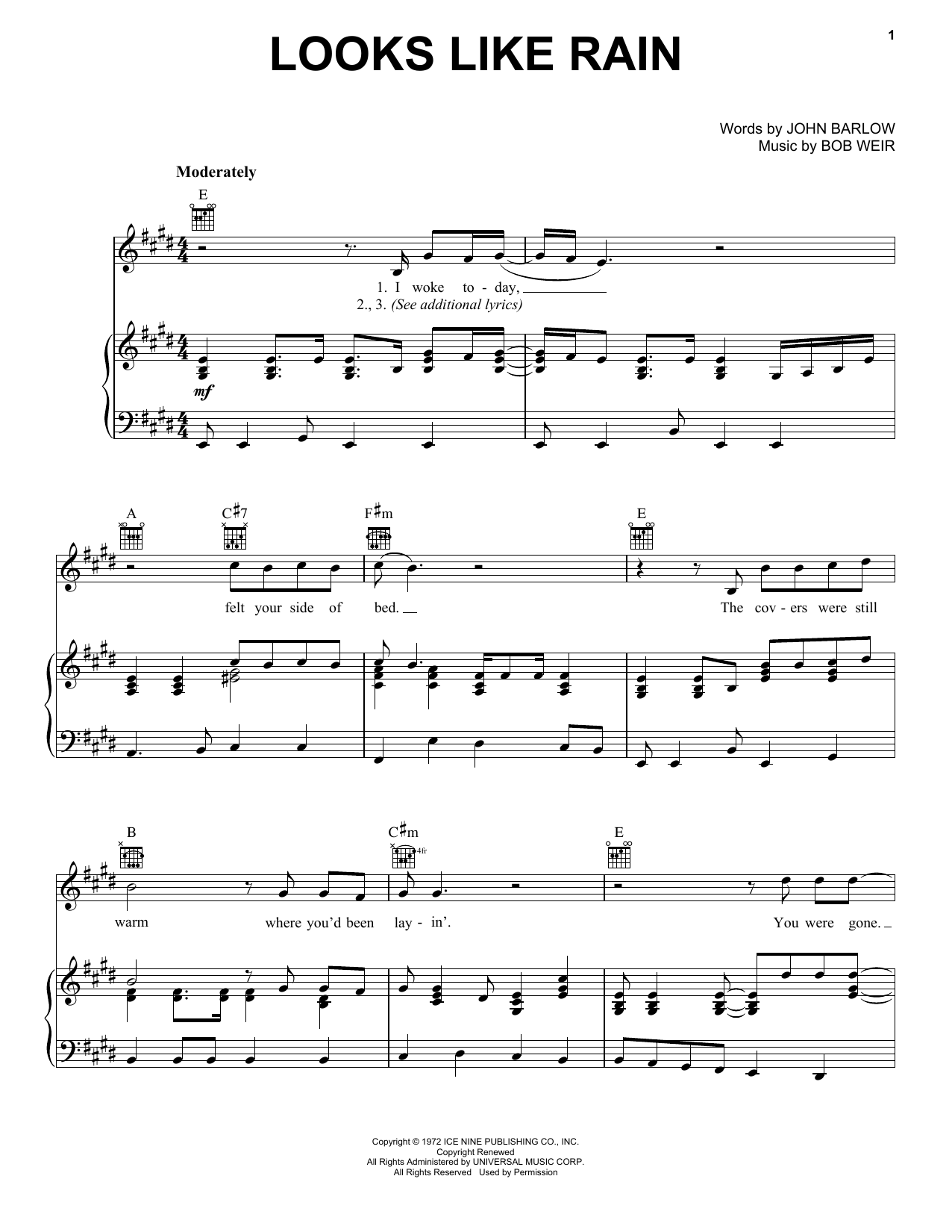 Download Grateful Dead Looks Like Rain Sheet Music and learn how to play Piano, Vocal & Guitar (Right-Hand Melody) PDF digital score in minutes