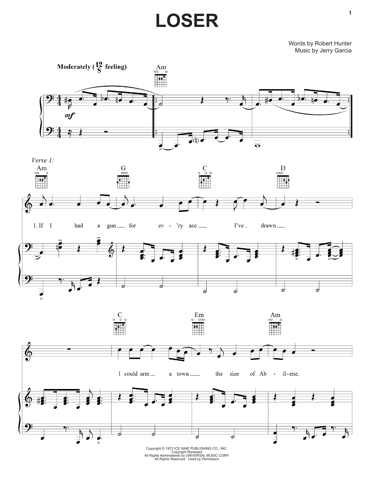 Download Grateful Dead Loser Sheet Music and learn how to play Piano, Vocal & Guitar (Right-Hand Melody) PDF digital score in minutes