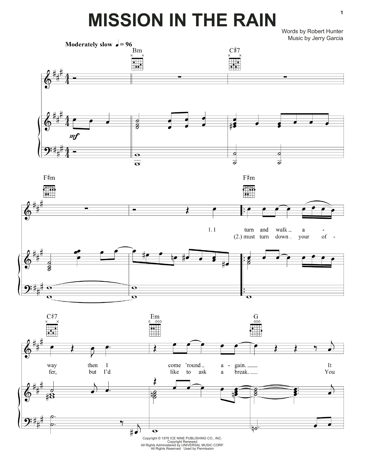 Download Grateful Dead Mission In The Rain Sheet Music and learn how to play Piano, Vocal & Guitar (Right-Hand Melody) PDF digital score in minutes