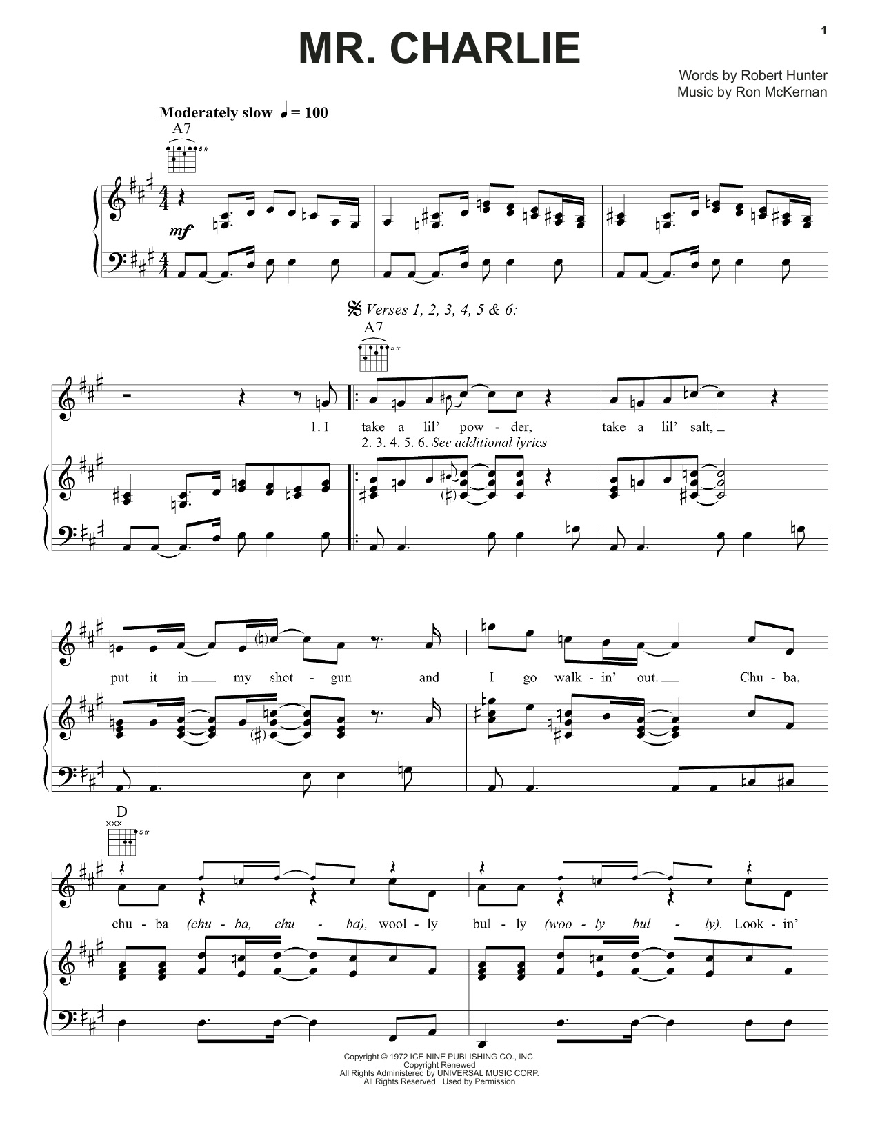 Download Grateful Dead Mr. Charlie Sheet Music and learn how to play Piano, Vocal & Guitar (Right-Hand Melody) PDF digital score in minutes