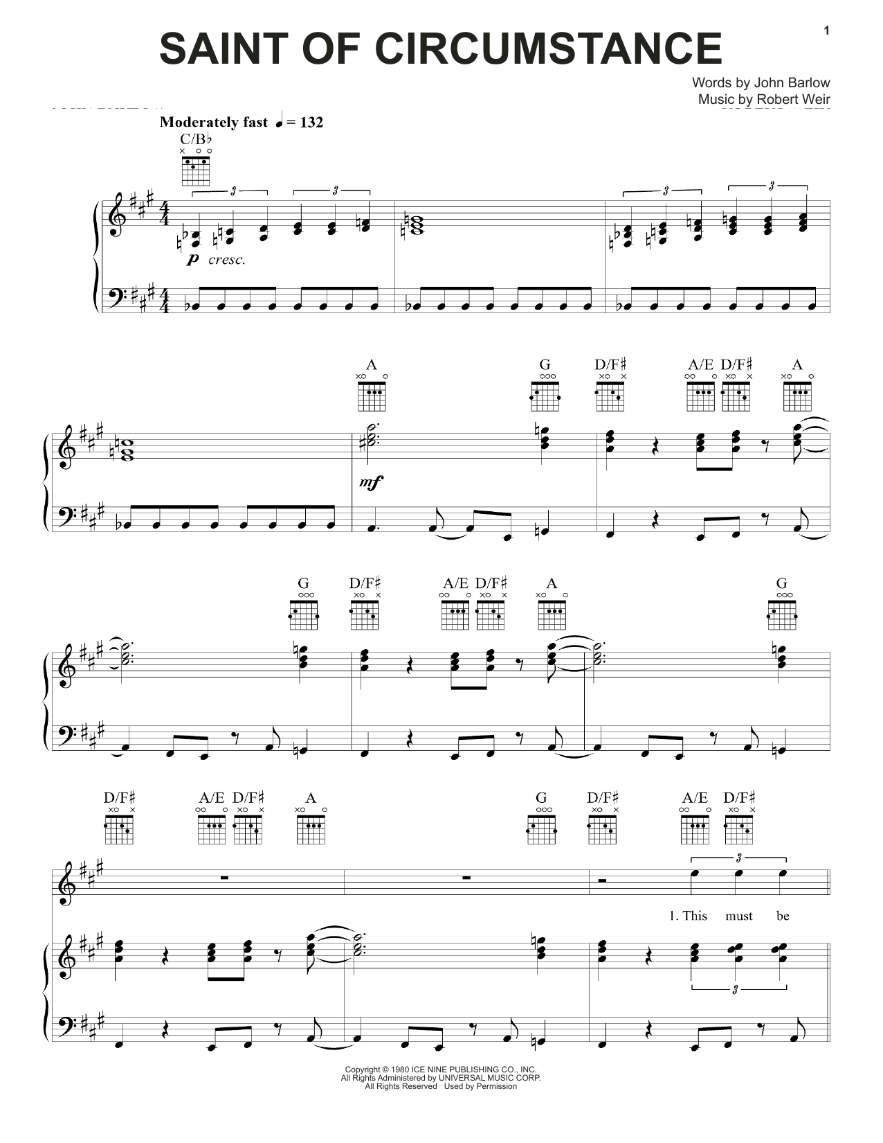 Download Grateful Dead Saint Of Circumstance Sheet Music and learn how to play Piano, Vocal & Guitar (Right-Hand Melody) PDF digital score in minutes