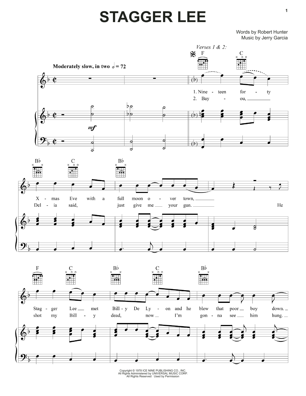 Download Grateful Dead Stagger Lee Sheet Music and learn how to play Piano, Vocal & Guitar (Right-Hand Melody) PDF digital score in minutes