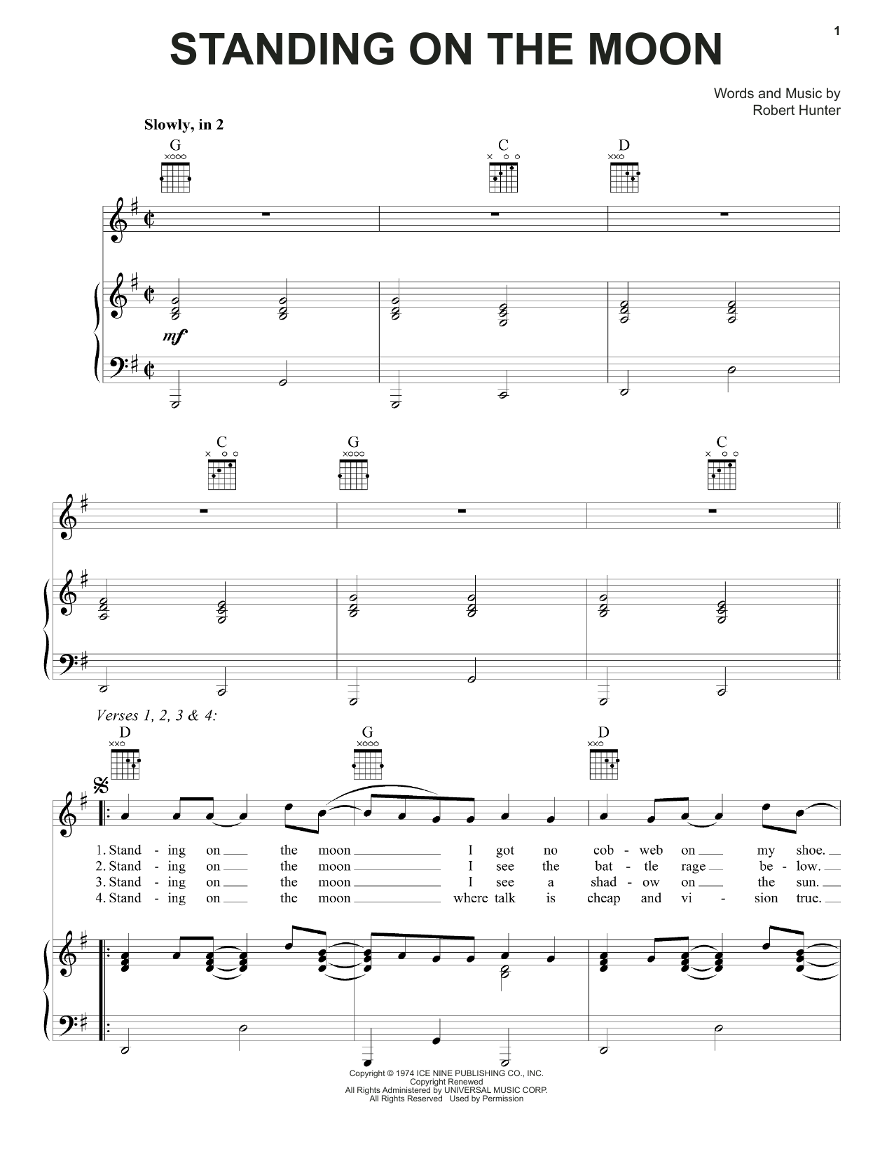 Download Grateful Dead Standing On The Moon Sheet Music and learn how to play Piano, Vocal & Guitar (Right-Hand Melody) PDF digital score in minutes