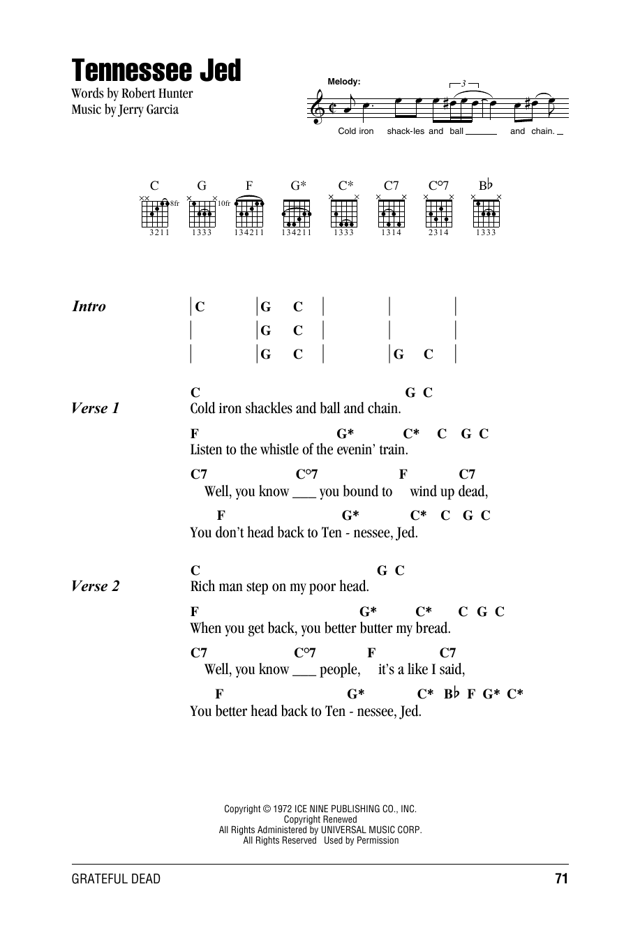 Download Grateful Dead Tennessee Jed Sheet Music and learn how to play Lyrics & Chords PDF digital score in minutes