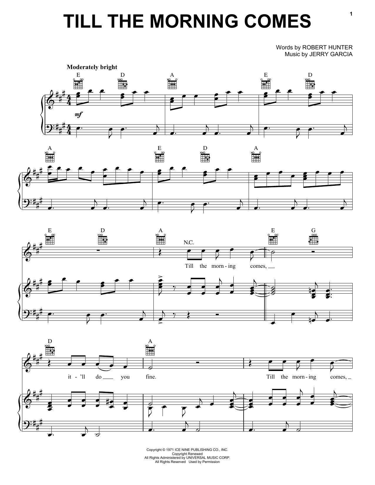 Download Grateful Dead Till The Morning Comes Sheet Music and learn how to play Piano, Vocal & Guitar (Right-Hand Melody) PDF digital score in minutes