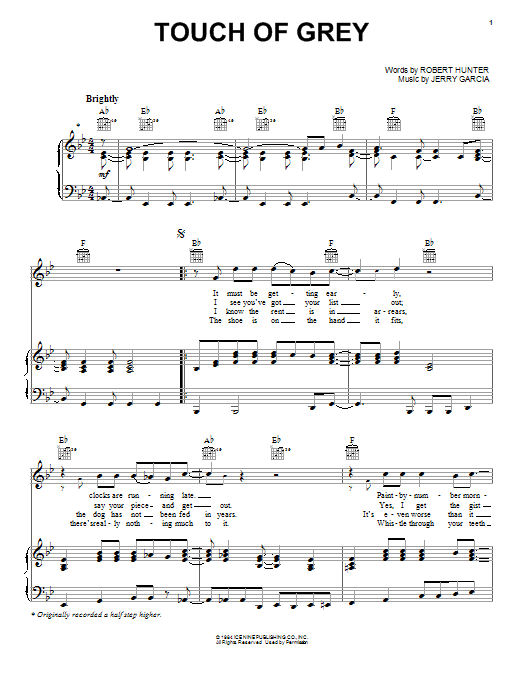 Download Grateful Dead Touch Of Grey Sheet Music and learn how to play Piano, Vocal & Guitar (Right-Hand Melody) PDF digital score in minutes